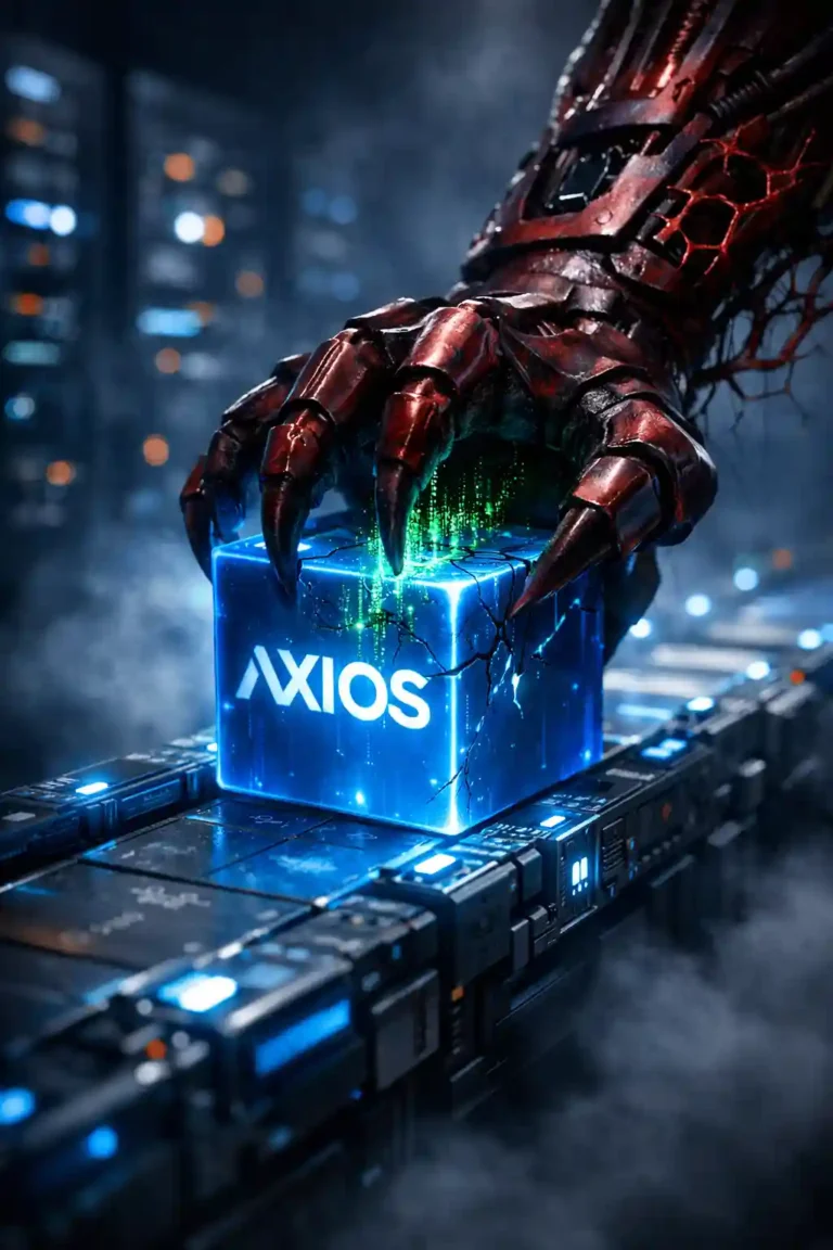 A cinematic 3D render of a digital supply chain assembly line where a glowing Axios package is being intercepted by a red robotic claw, symbolizing the 2026 NPM supply chain attack and package hijacking.